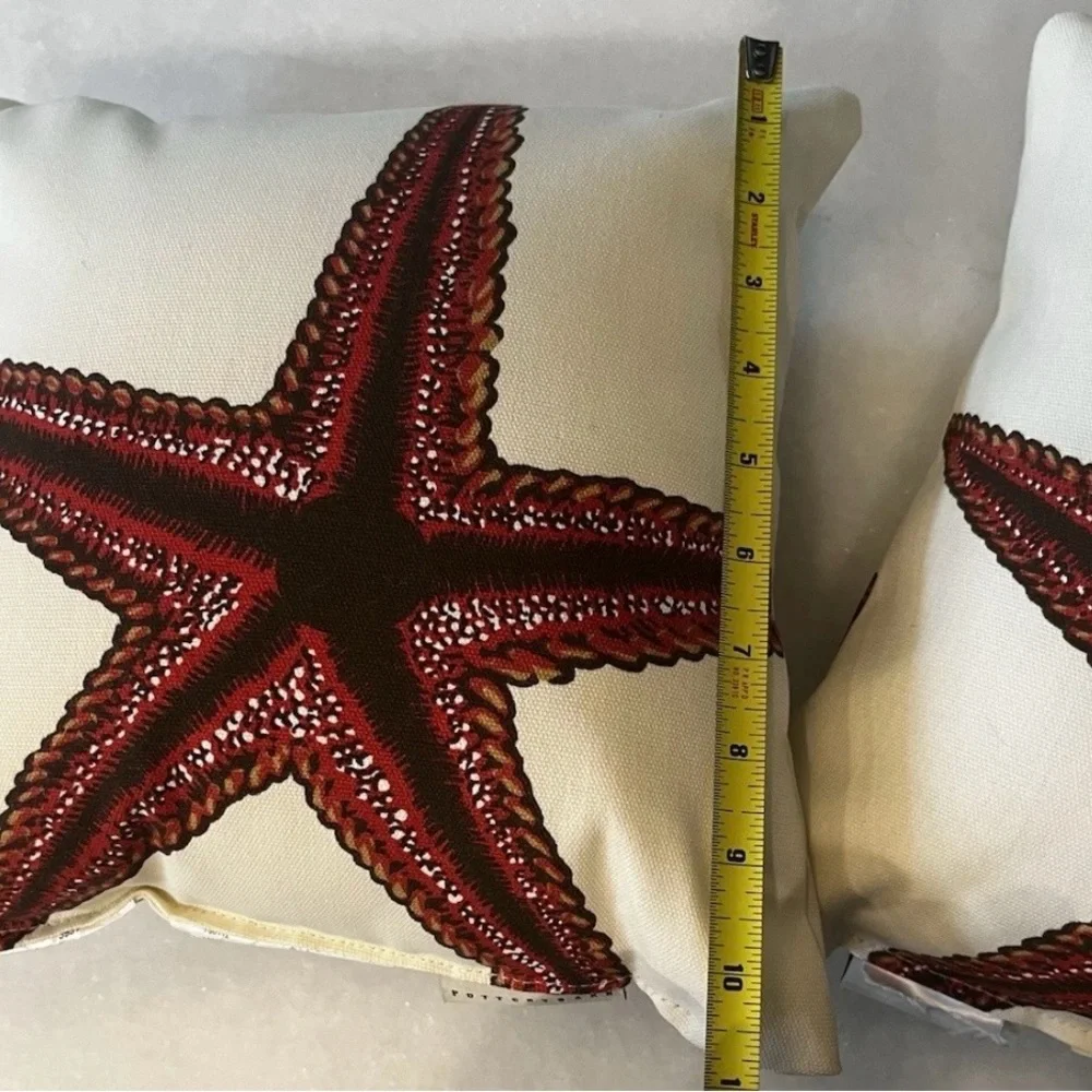 Pottery Barn Red Starfish Accent Throw Pillows Coastal Beach Decor Pair 10”